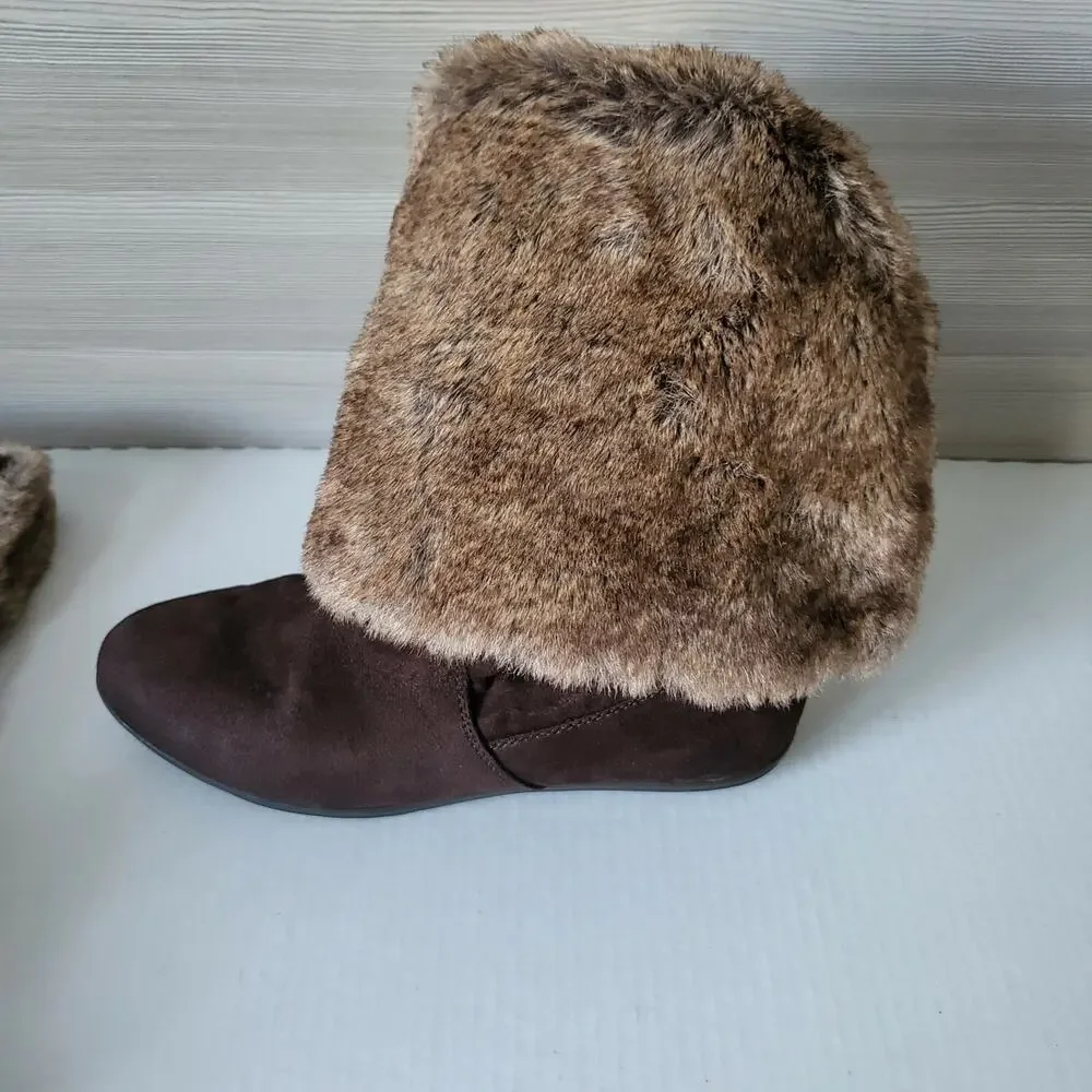 Report Snow Women's Boots Suede Faux Fur Brown Fold Over Convertible Boot Size 9